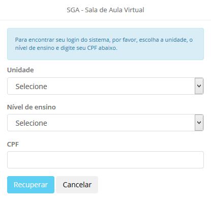 ACESSANDO O SGA Para acessar o SGA, é necessário preencher um formulário de autenticação de usuário, como o demonstrado na imagem.