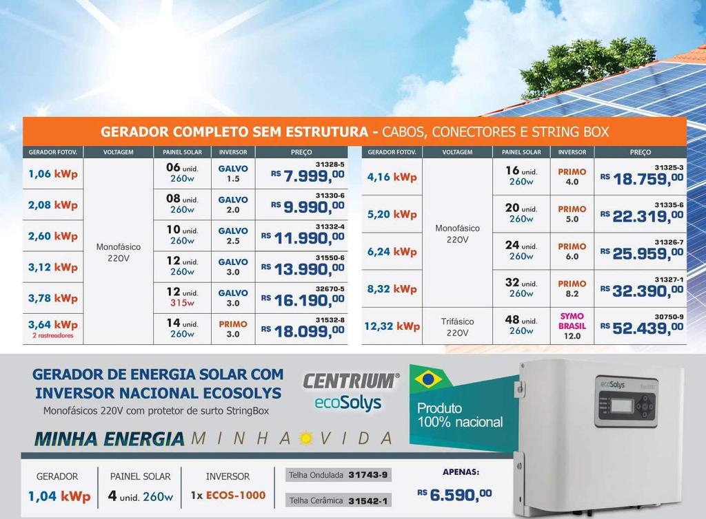 SolarGoiás Soluções em Energia Solar Montamos os geradores de acordo com a necessidade decada projeto. Consulte nosso simulador solar, acesse: http://www.solargoias.com.br/simulador GERADOR COMPLETO - ESTRUTURA, CABOS, CONECTORES E STRING BOX PAINEL GERADOR FOTOV.