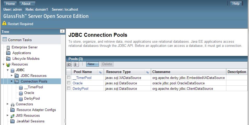 Em seguida, para configurar os Pools de conexão JDBC, acesse o menu Resources > JDBC >
