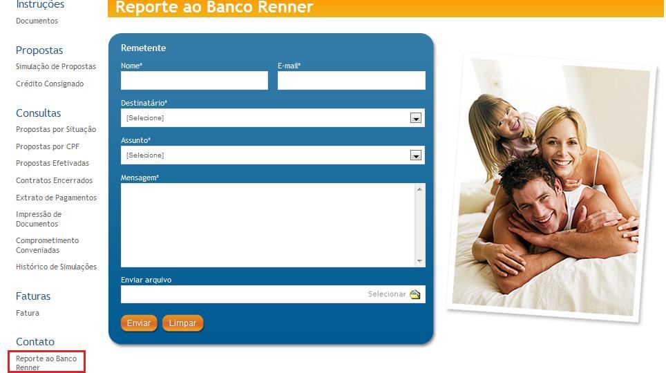14. Interface de Reporte ao Banco Renner Para acessar a interface de reporte ao Banco Renner, acessamos o menu: Contato > Reporte ao Banco Renner