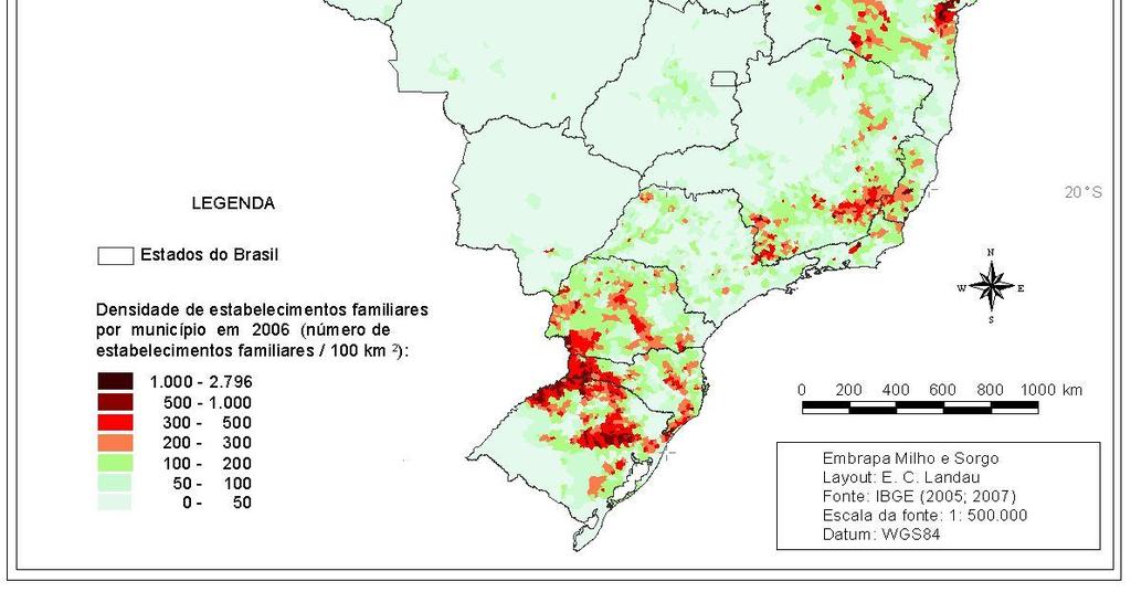 Foram consideradas áreas de concentração da agricultura familiar os municípios com densidade