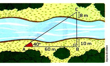 sen cos tg Respostas: sen 3 3 cos 3 3 3 tg 3. Ao calcular a distância entre as margens de um rio, um topógrafo fez o seguinte esquema.