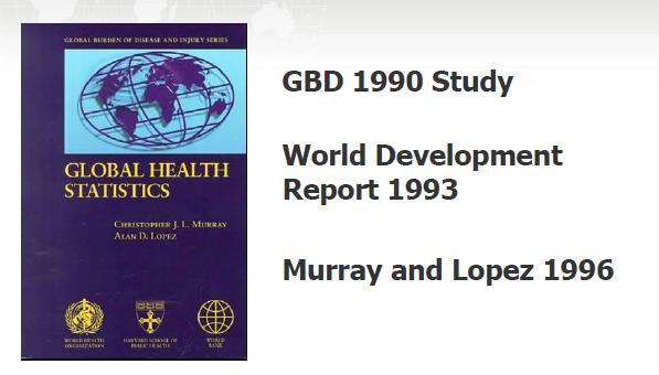 Global Burden of Disease Study Murray and Lopez, 1996 Quantificou efeitos na saúde de 107 doenças e danos em 8 regiões em 1990 Estimativas compreeensivas e consistentes de morbidade e mortalidade por