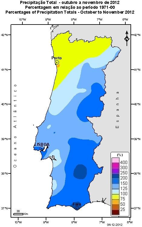 2. Precipitação em de embro e no ano hidrológico -2013 O valor médio da quantidade de precipitação (143.0mm), em Portugal Continental, em embro, foi superior ao valor normal, 109.