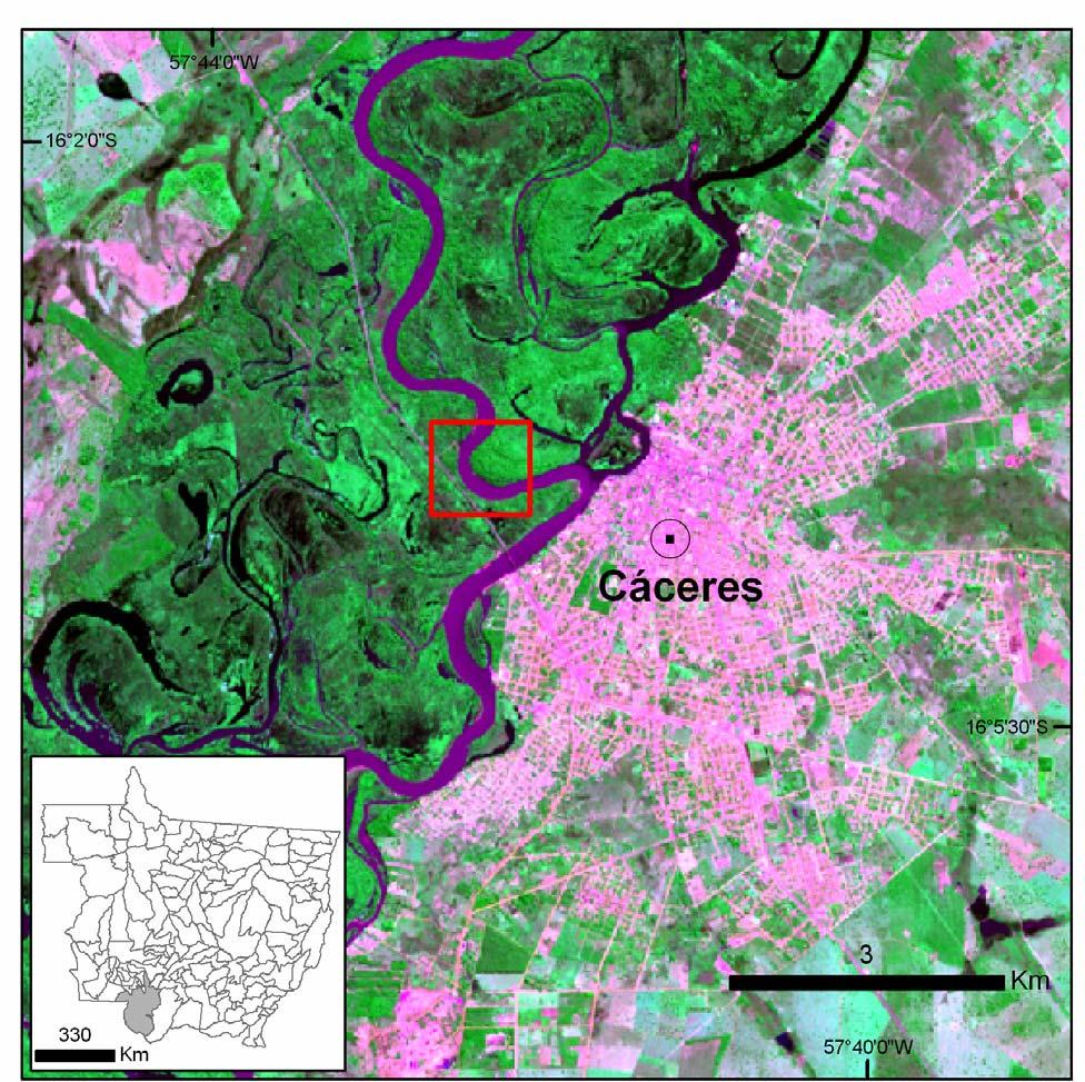 Figura 1- Localização da área do estudo (quadro vermelho) no município de Cáceres.Composição colorida do sensor ASTER R2B3G1 2006/05/13.