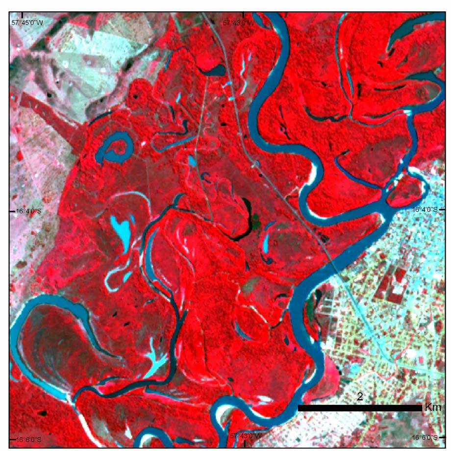 Figura 6- Detalhe da planície meandrante do Rio Paraguai. Observa-se a ocorrência de depósitos de barras em pontal e paleocanais. Composição falsa-cor (R3G2B1) do sensor ASTER 2004/08/30.
