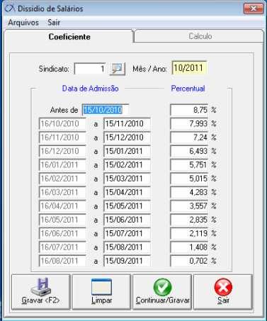 Folha Union> Cadastros> Dissídio Aba Coeficiente Essa tela será utilizada para efeito de reajuste salarial Cadastre os valores