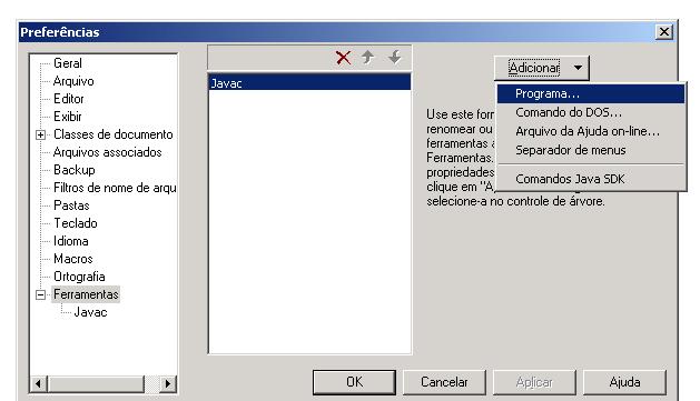 Configurando a Ferramenta de Execução de Aplicativos Java Na barra de comando podemos selecionar a opção Configurar e no