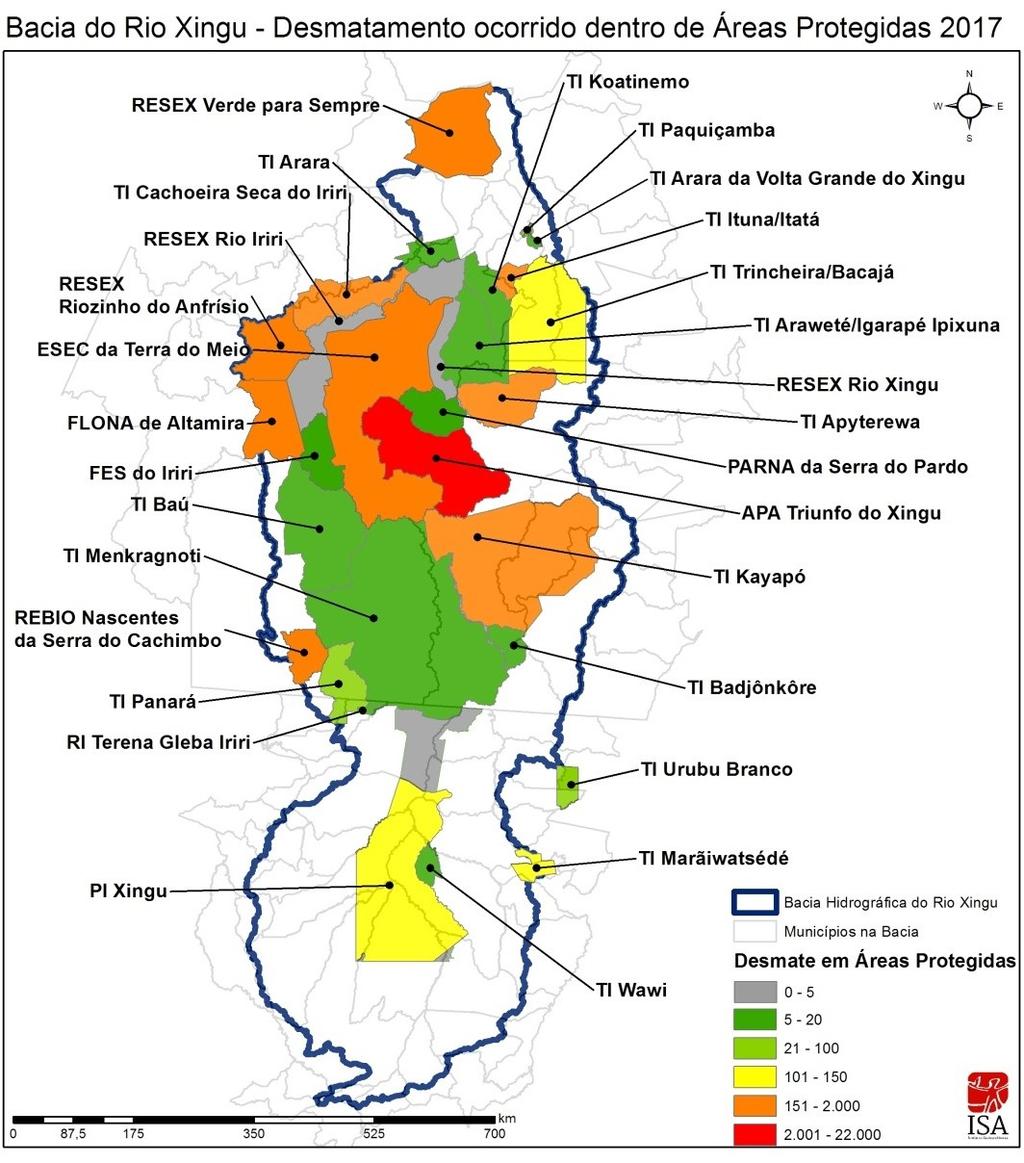 .4 DESMATAMENTO EM ÁREAS PROTEGIDAS Os dados utilizados registraram o desmatamento de 8,7 mil hectares (3,4% do total no período) no interior das áreas protegidas, uma queda de 44% em relação ao