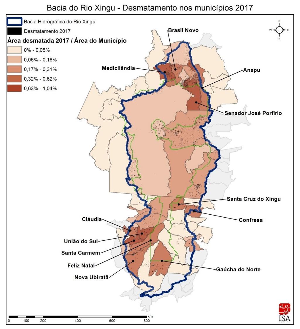 Figura 9 - Mapa do desmatamento nos municípios em 2017 ponderado pela área total do município. 2.5.