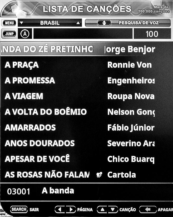 LISTAS 14 TÍTULO Tecle SEARCH no controle remoto para acessar a lista de canções por TÍTULO. O repertório aparecerá na tela em ordem alfabética.