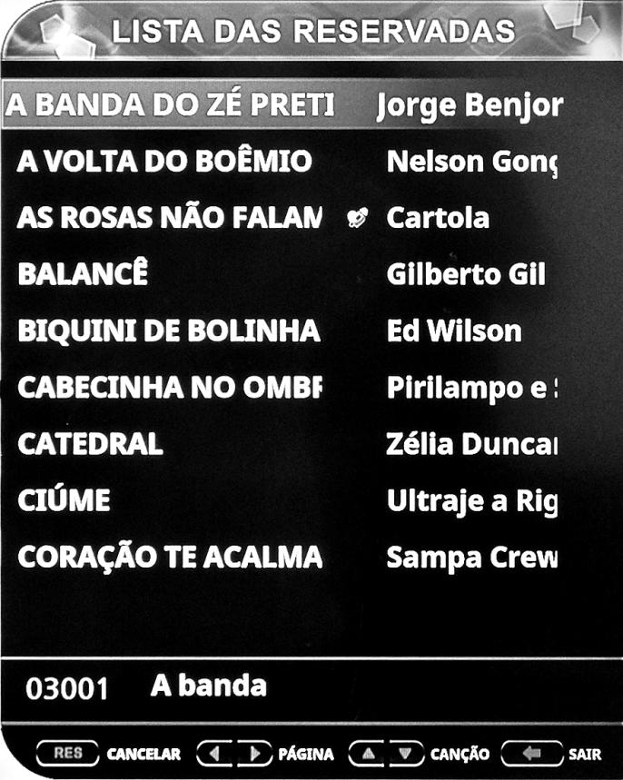 LISTAS 16 RESERVADAS PARA RESERVAR UMA CANÇÃO: Utilize as teclas de navegação do controle remoto e selecione a canção que deseja, utilizar entre TÍTULO ou digite o CÓDIGO da canção.