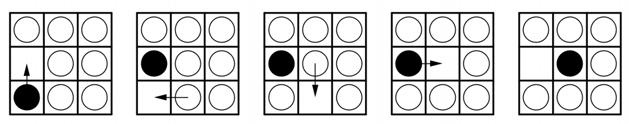 Questão 6 a) A figura abaixo mostra que a sequência de seis movimentos (,,,,, ) termina o jogo a partir da posição inicial dada.