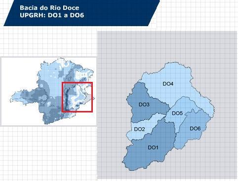 A Bacia Hidrográfica do Rio Doce (BHRD) possui área de drenagem de 86.715 Km², dos quais 86% localizam-se no leste mineiro e o restante no nordeste do Espírito Santo.