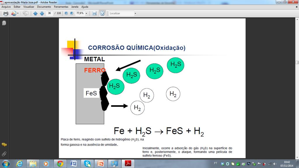 Corrosão Química q Um exemplo do processo de corrosão química:placa de ferro, reagindo com sulfeto de hidrogênio(g) e na ausência de umidade;