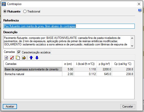 manta acústica sob ou sobre o contrapiso, selecionando a opção Flutuante ou Tradicional e