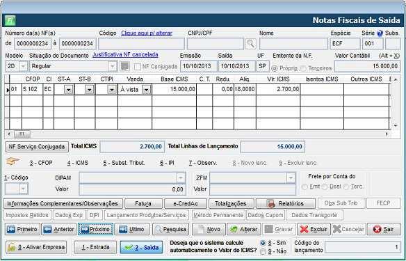 Lançamentos Fiscais (Modelos 02,2D e 60) Máquina Registradora Menu Movimentos / NF