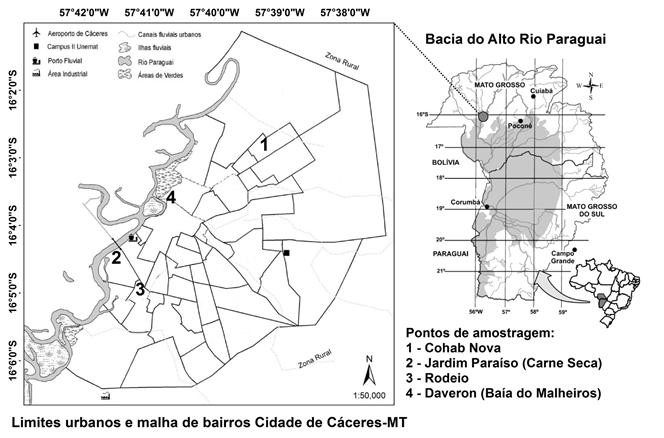 371 Figura 1 Localização das áreas de estudo no Município de Cáceres-MT. Fonte: Prefeitura Municipal de Cáceres-MT, 2016.