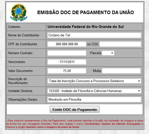 Modelo de Guia de Recolhimento de taxa de inscrição para mestrado