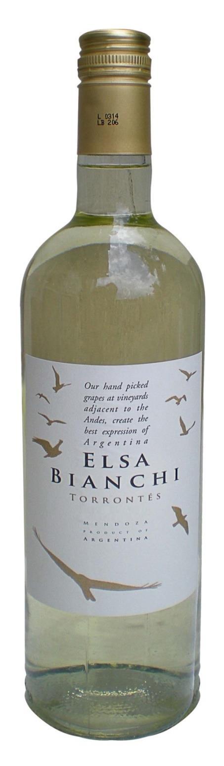 Vinhos Brancos Bianchi Elsa Torrontés 2015 750ml Cod cx: 14587 Cod uni: 14588 Variedade: Torrontés (100%) Origem: San Rafael, Argentina Teor Alcoólico: 11,7% Servir a: 6ºC a 10ºC Colheita manual.