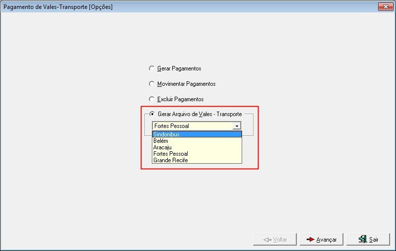 Depois que o pagamento de Vale Transporte estiver gerado, basta gerar o arquivo para um dos convênios ou para o Fortes