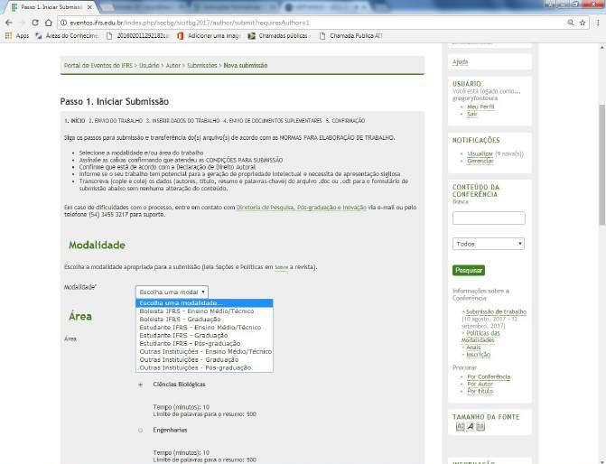 6) Nas Informações sobre a Conferência, clique na opção de Submissão de trabalho.