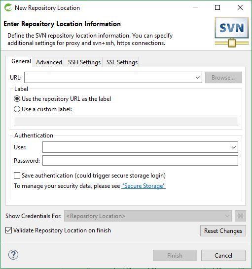 Imagem 50: Tela de informação da localização do repositório; Instalando os conectores, o usuário poderá localizar o repositório do SVN e sincronizar com STS.