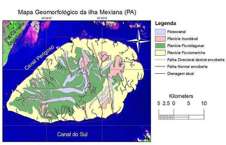 Mapa geomorfologico da ilha de Mexiana Mapa Geomorfológico da ilha Mexiana, mostrando as unidades geomorfológicas e contexto estrutural. Como pano de fundo imagem Landsat TM7,R5G4B3, 2000.