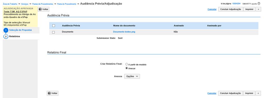 IMPORTANTE: O relatóri final apenas é dispnibilizad as cncrrentes após clicar n btã azul Enviar e este apenas fica dispnível após Aprvadr aprvar a decisã de adjudicaçã: Pass 3: Depis