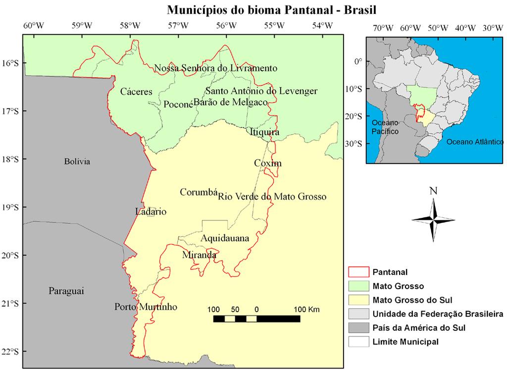 A variação total altimétrica do bioma Pantanal vai de 75m a 129m (Figura 1).