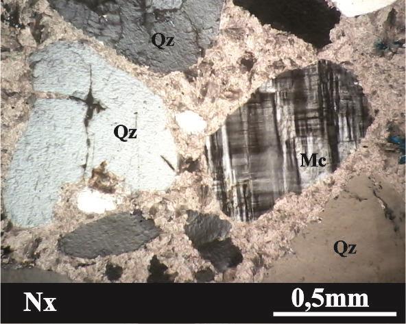 As descrições ao microscópio petrográfico mostraram que as rochas utilizadas no Forte dos Reis Magos, tanto na fundação da estrutura como em sua ornamentação, se tratam de arcósio (FRM-1), subarcósio