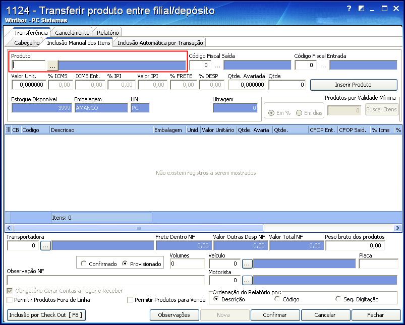 1.3) Selecione a sub-aba Inclusão Manual dos Iten e informe o código do Produto;