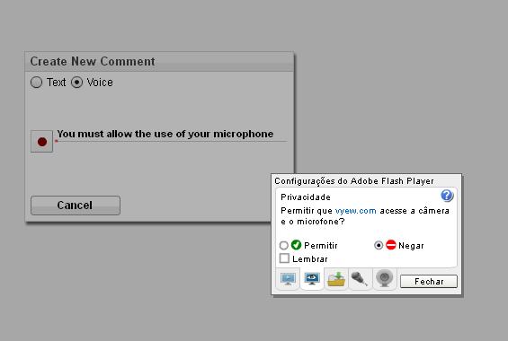 Quando pretendemos utilizar o microfone e/ou câmara num comentário, surge uma janela pop-up do Adobe Flash Player para configurarmos os nossos