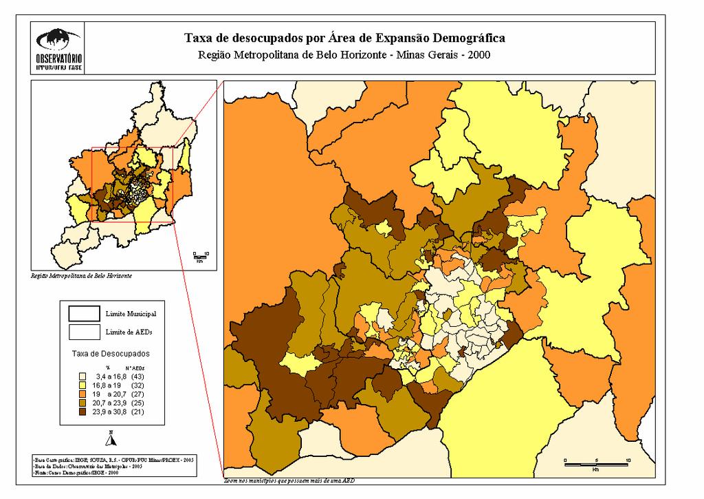 Mapa III. 3: Taxa de desocupados por Áreas de Expansão Demográficas. O Quadro III.3, a seguir, apresenta a distribuição dos ocupados da RMBH segundo vinte e cinco categorias ocupacionais.