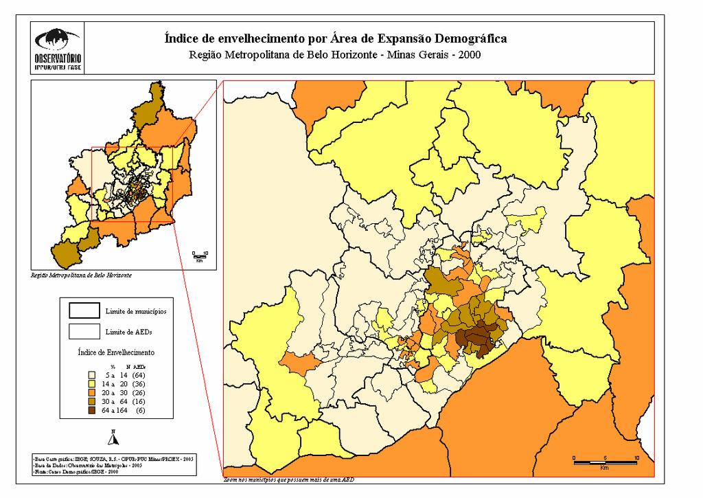 envelhecimento. No entanto, observando-se por AEDs, nota-se que os maiores índices encontram-se, na verdade, nas áreas mais centrais do município de Belo Horizonte (Mapa III.10). Mapa III.