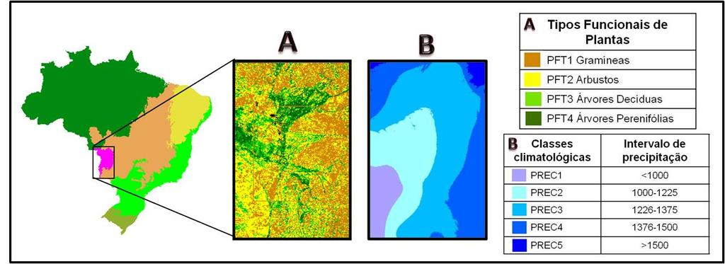 Figura 1: Área de estudo (Pantanal) no contexto dos biomas brasileiros. A e B correspondem as classificações da vegetação climatológica da área de estudo.