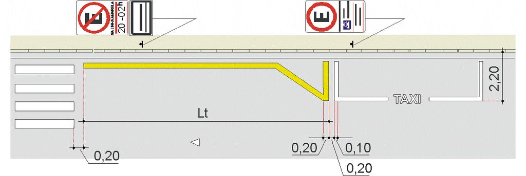 A marca delimitadora de parada deve distar 0,20 metros das demais marcas viárias, tais como: faixa de travessia de pedestres, linha de retenção, marca delimitadora de estacionamento regulamentado