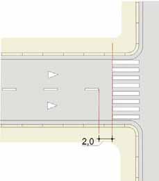 b) Com faixa de travessia de pedestres, sem linha de retenção: A linha de divisão de fluxos de mesmo sentido deve ser interrompida a 2,0m da faixa, Figura 2.