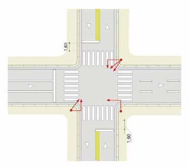 3.1.4. Critérios de Locação 3.1.4.1. Vias controladas por semáforo 3.1.4.1.1. Com faixa de travessia de pedestres A linha de retenção deve estar locada a 1,60 m do início desta, Figura 3.