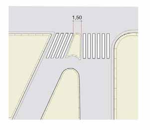 3.3.5.3. A faixa de pedestres não deve ser muito extensa sem que se dê um tratamento geométrico, como refúgio ou ilha de apoio em que a largura mínima recomendável é de 1,50m, Figura 3.30.