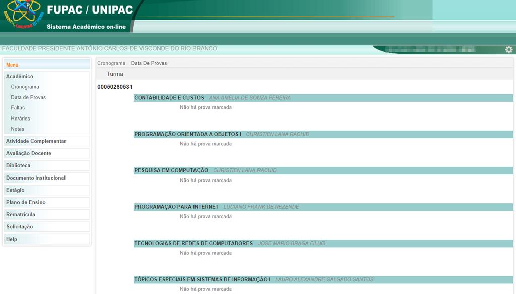 Figura 17 - Página Data de Prova ACADÊMICO Faltas: Para visualizar as suas faltas em cada matéria o