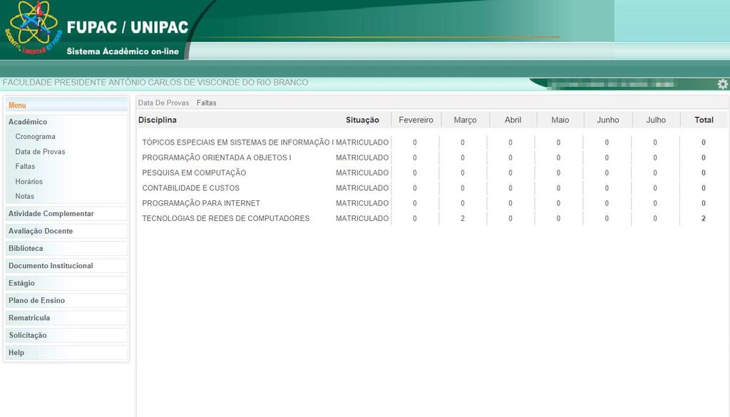 Figura 18 - Tela Faltas Neste quadro o aluno pode visualizar o número de faltas que tem em cada matéria, separado por meses e a sua situação na matéria que pode varias de Matriculado, T -