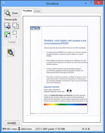 1. Siga um destes procedimentos para selecionar sua área de digitalização da imagem visualizada: Pré-visualização Normal: Clique no ícone (linha pontilhada) na imagem visualizada.