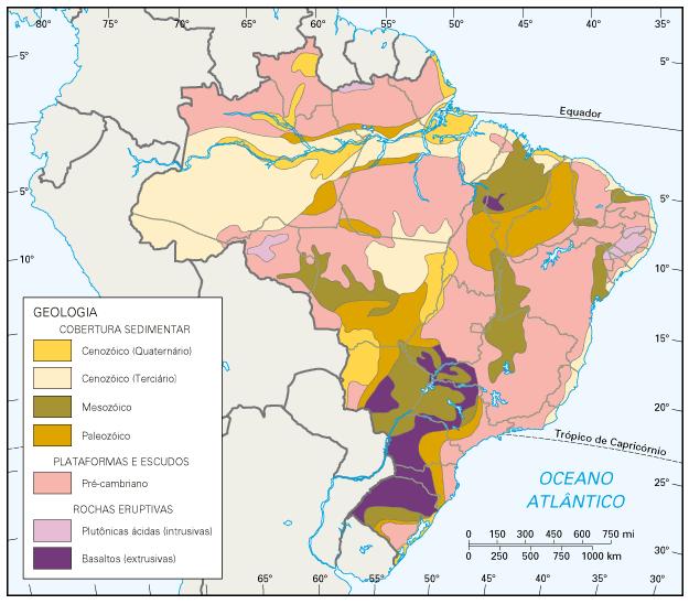 Geologia Quanto a estrutura geológica o território brasileiro apresenta: # Escudos cristalinos - formados por rochas magmáticas e metamórficas na era pré-cambriana ( 36%) # bacias sedimentares ( 64%)