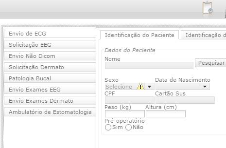 1.6 No canto esquerdo superior da página de Operações com Exames pode haver diferentes opções de envio e solicitaões de exames. Atenção: Clique no botão Solicitação EEG. 1.