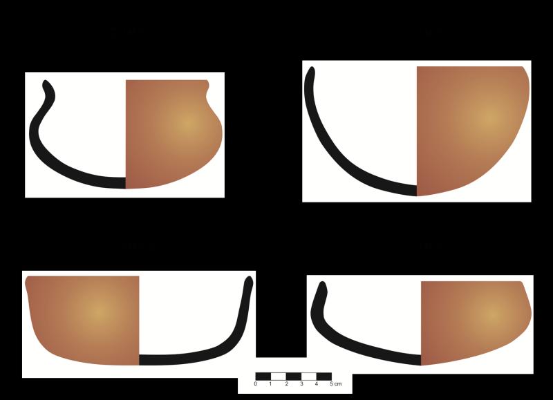 A partir da reconstituição digital das bordas identificamos que existe no Sítio Turvo V-B quatro formas de vasilhas cerâmicas (figura 8). Figura 8. Formas das vasilhas cerâmicas do Sítio Turvo V-B.