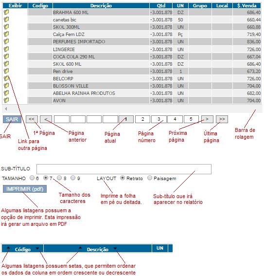 As Listagens nas Telas Durante as várias opções de consultas, os dados são exibidos em forma de listagens, na tela.