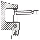 Para executar o ajuste inicial com um micrómetro externo, posicione o micrómetro na orientação vertical com o fuso do micrómetro e o batente como mostrado.