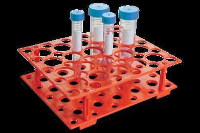 Racks Rack para Tubos de Centrifugação¹ Características Fabricado em polipropileno (PP); Capacidade de armazenamento para: 30 tubos de 15 ml; 20 tubos de 50 ml;