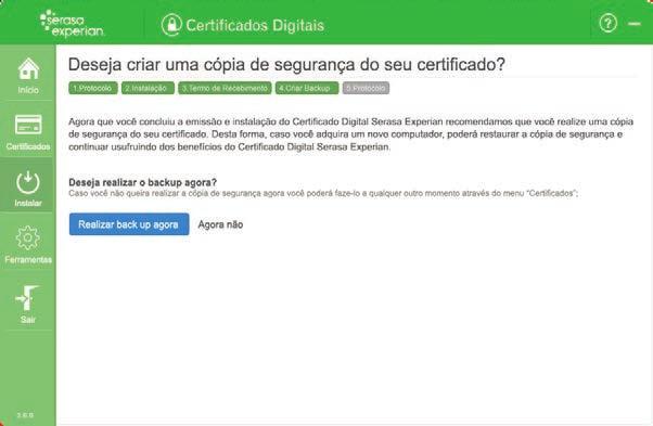 Clique no botão Assinar para continuar o processo. Agora você terá a opção de fazer uma cópia de segurança do certificado.